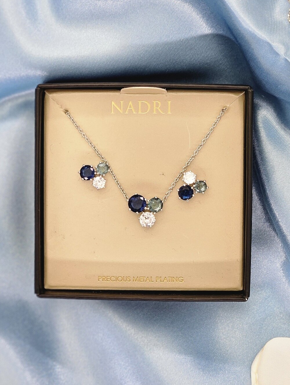 Nadri Natural Beauty Rhodium Blue Cluster Necklace & Earrings Set Gift Box Boho
